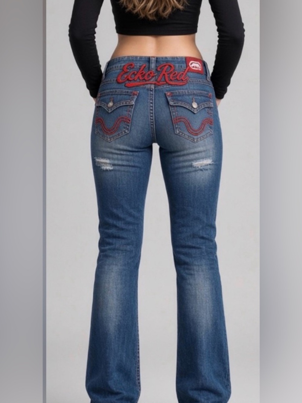 Vintage Y2K Ecko Red Jeans Size 11 Embroidered Logo Distressed Denim Bootcut